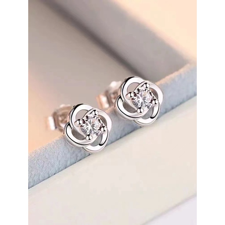 (Hello Girl)E32 Anting Bunga Silver Diamond Fashion Wanita Stud Earrings Import-6