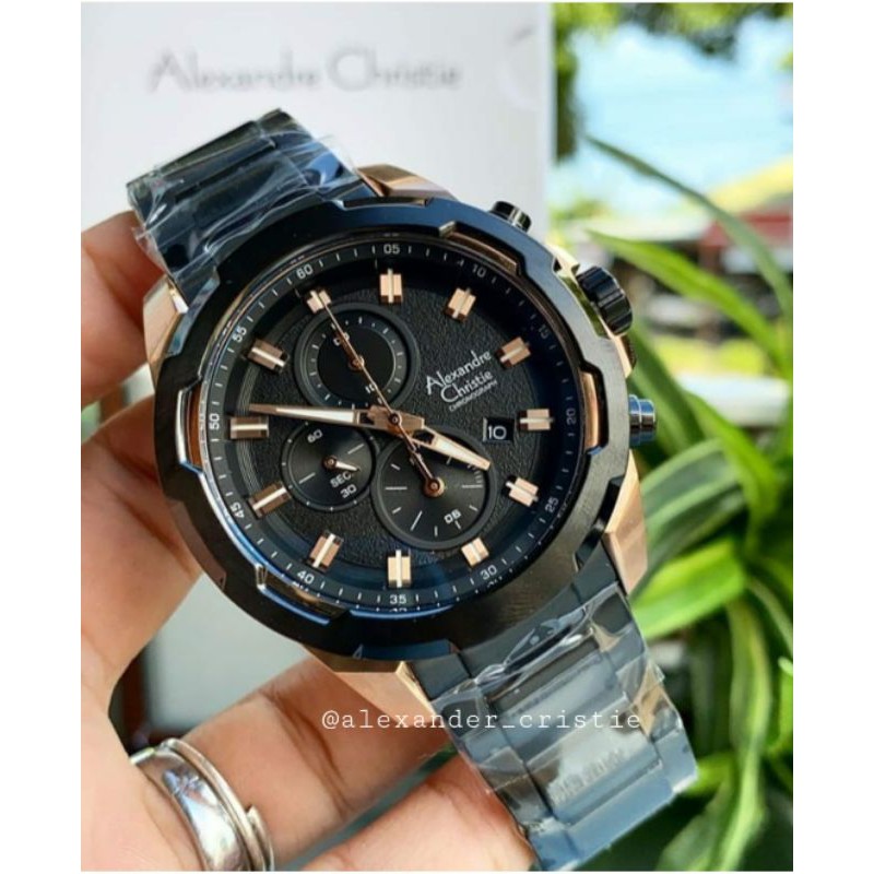 ORIGINAL GARANSI RESMI JAM TANGAN PRIA ALEXANDRE CHRISTIE ROSEGOLD BLACK RANTAI STAINLESS STEEL COWO