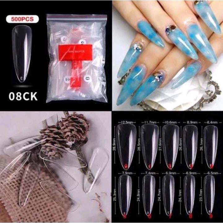 500pcs LONG ALMOND STILLETO FAKE NAILS / KUKU PALSU LONG STILETO ALMOND KUPAL SHORT OVAL