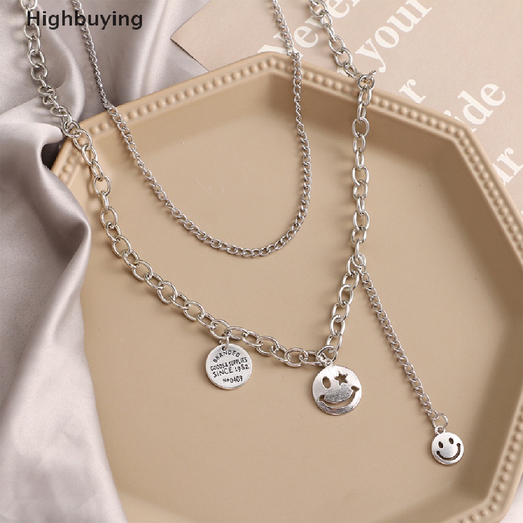 Kalung Rantai Panjang Multilayer Liontin Smiley Face Bahan Alloy Gaya Retro Hip-Hop Punk Glory