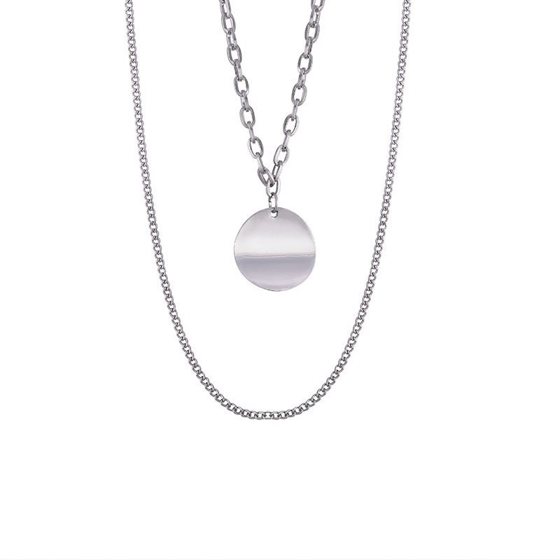Kalung Rantai Klavikula Liontin Lingkaran Bahan Alloy Lapis Ganda Warna Emas Perak Gaya Hip Hop Untuk Wanita