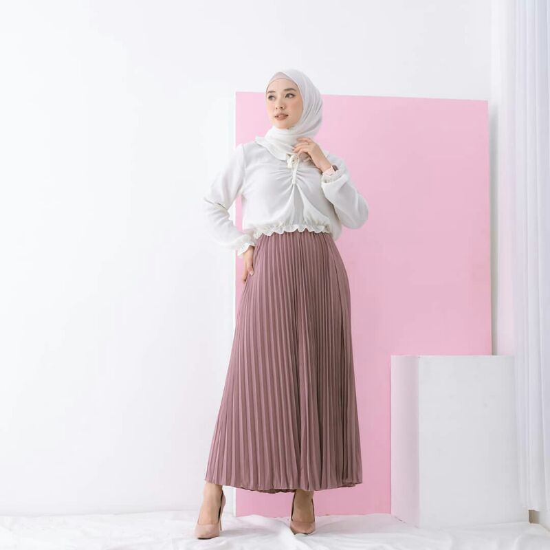 Pleated Skirt - OOTD Rok Plisket Panjang Super Premium HQ Warna Plum/Dusty Purple/Pink Ungu Tebal Ha