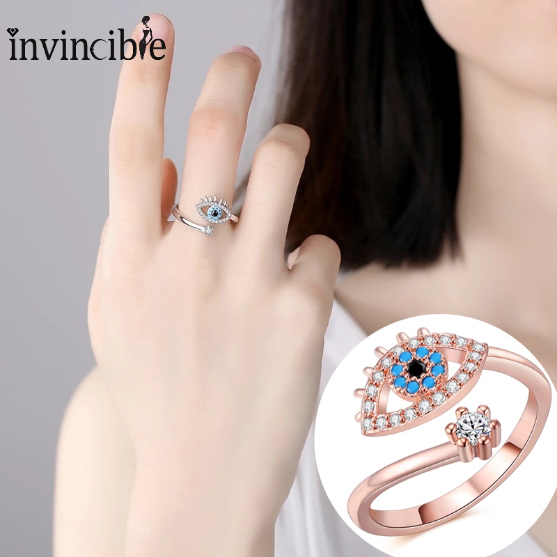 Cincin Model Terbuka Adjustable Desain Mata Iblis Bahan Cubic Zirconia Gaya Klasik Untuk Wanita