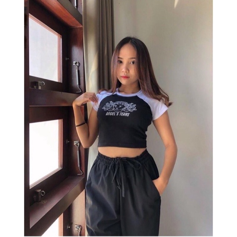 Tq88indonesia Fashion Baju  Crop Kaos Wanita Terbaru / Crop Tee Angel Tears | Crop Top Raglan / Tshirt Wanita Lengan Kimono / Baju Kasual Wanita / Baju Santai Cewek / Baju Seksi Wanita / Ootd