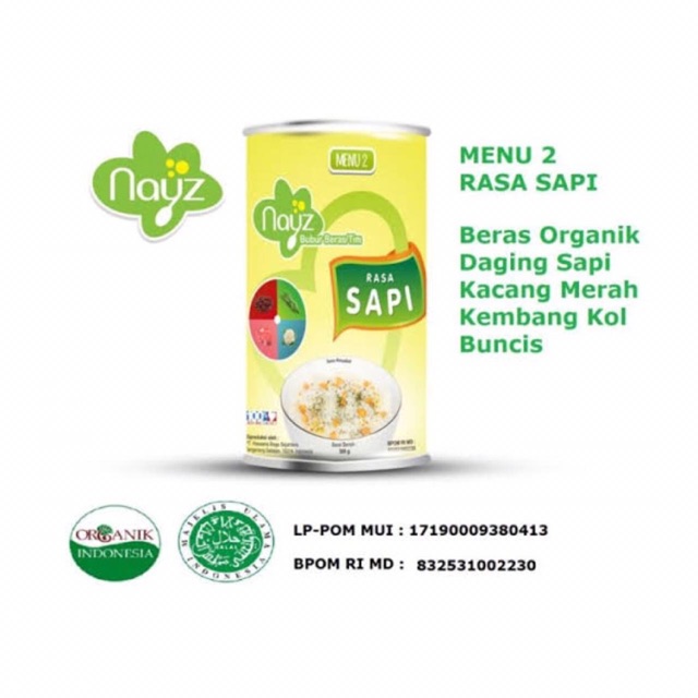 Nayz bubur organik menu 2 rasa sapi (kaleng 300gr)