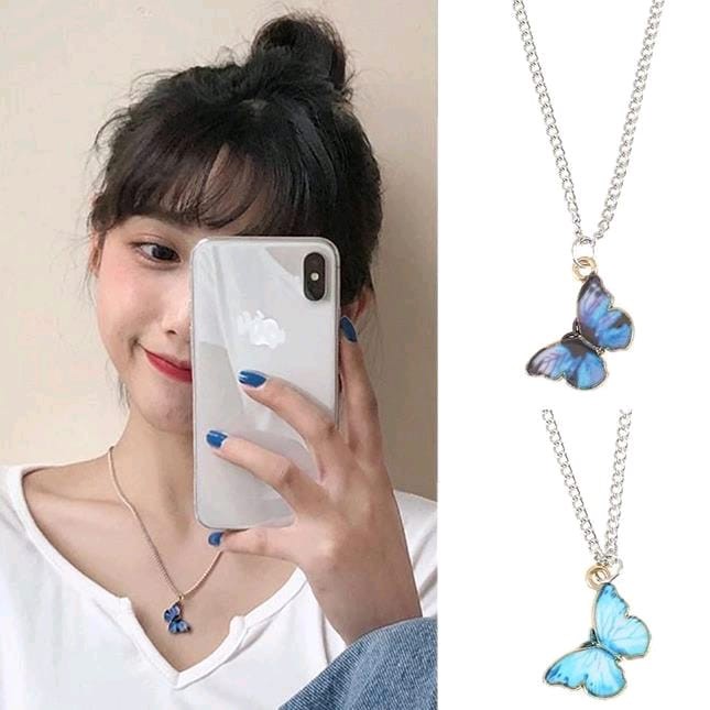 Kalung Kupu Kupu - Kalung Rantai Liontin Butterfly Gradasi Biru Fashion - Light blue