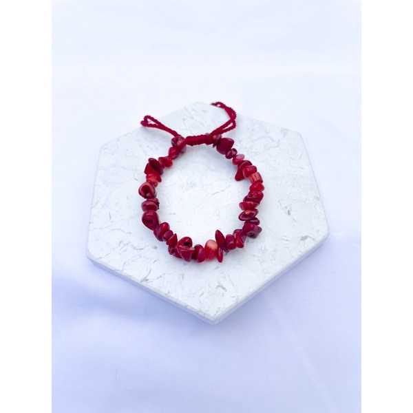 Gelang tali Etnik / Gelang Batu Kerikil Asli /Gelang batu chip / Gelang batu vintage/ Gelag abstrak / Gelang batu pecah/gelang murah-Red Coral (ge)