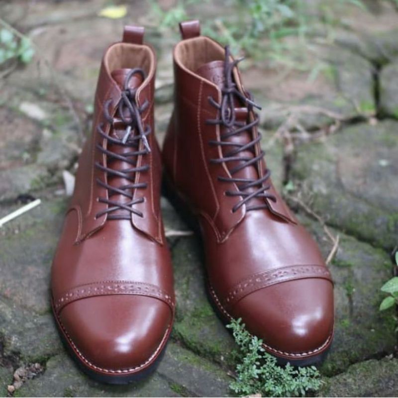 Sepatu Boots pria kulit asli sepatu kulit Crazy horse Boston model vintage