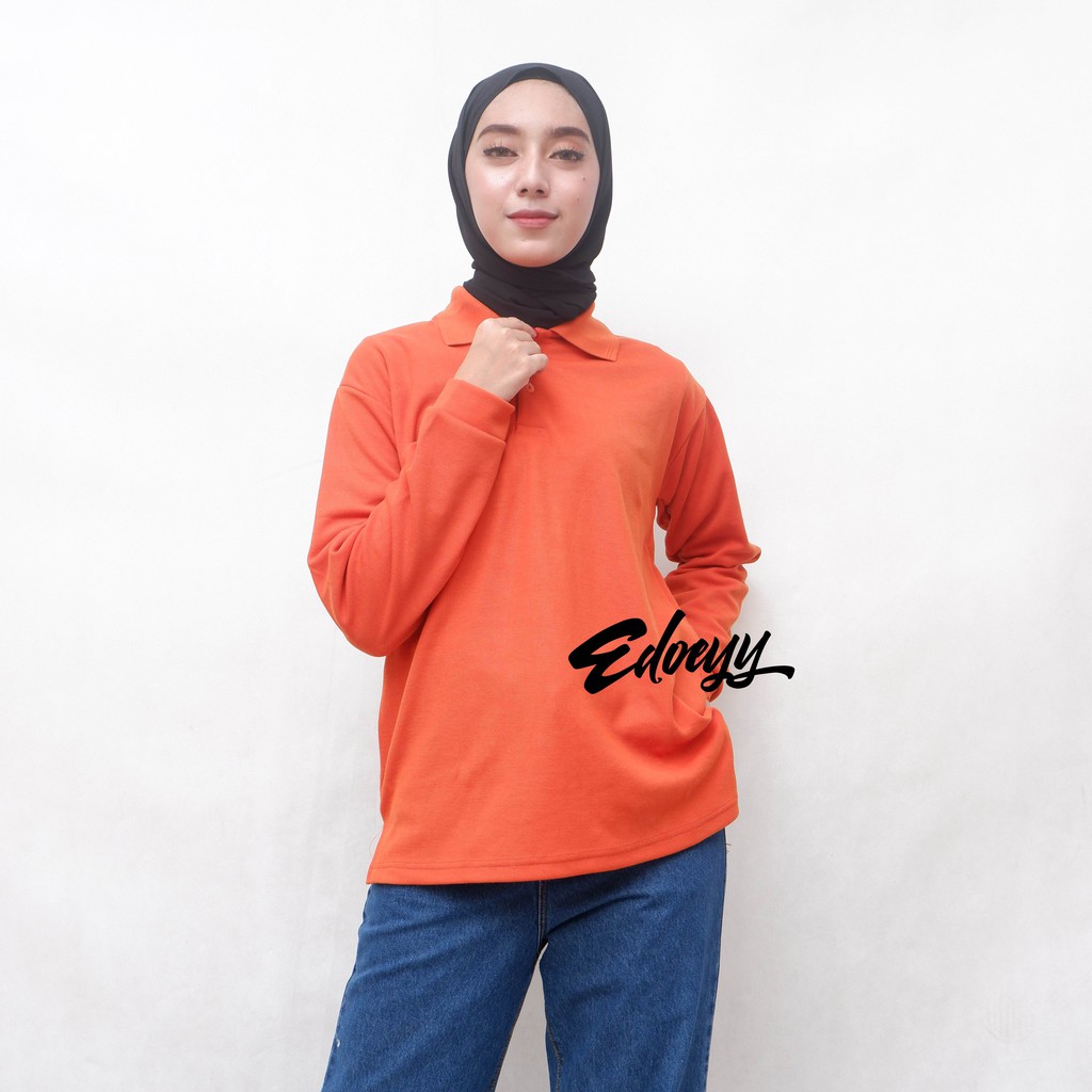 Kaos Polo Shirt Wanita Lengan Panjang Merah Bata - Baju Kerah Berkerah Cewek Lengan Panjang
