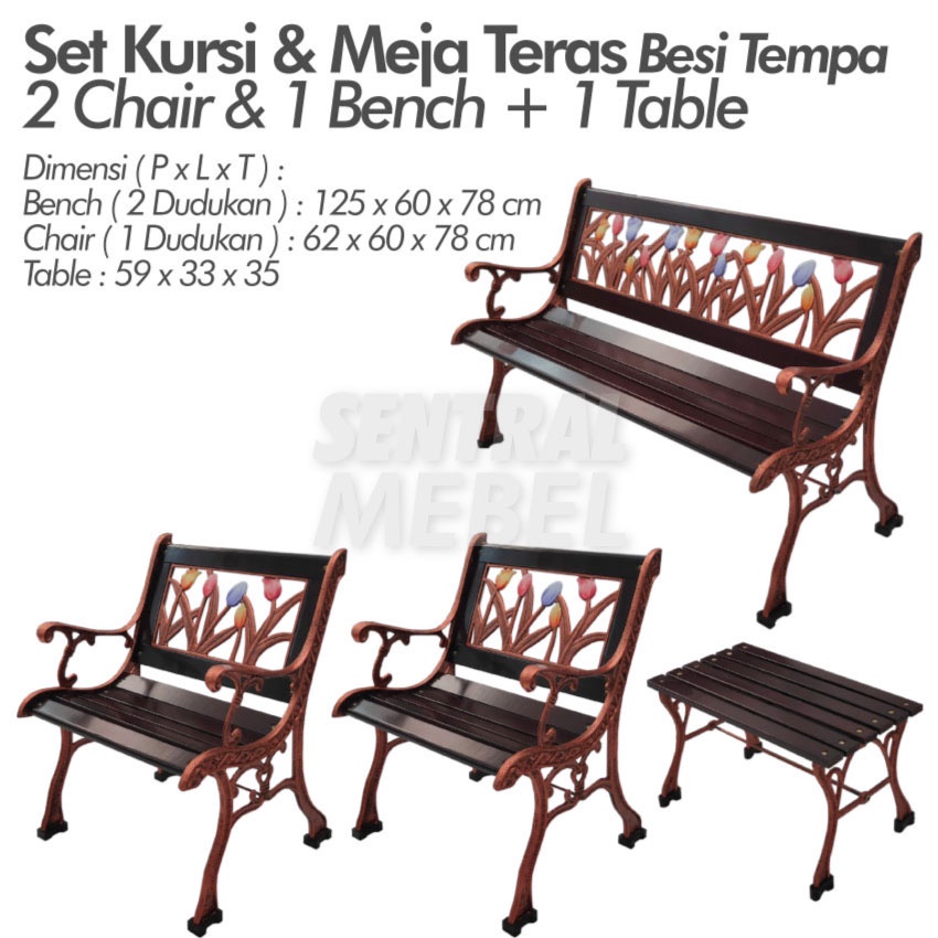 kursi taman besi Mayesty - set kursi teras besi tempa + kayu