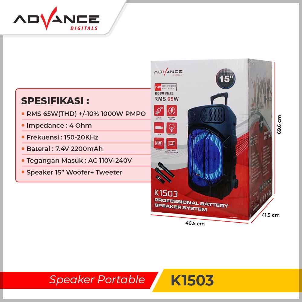 【READY STOCK】 Advance Roda / Tripod K1503 New Speaker Bluetooth Meeting 15 Inch Free 2 Mic Wireles With Led Light