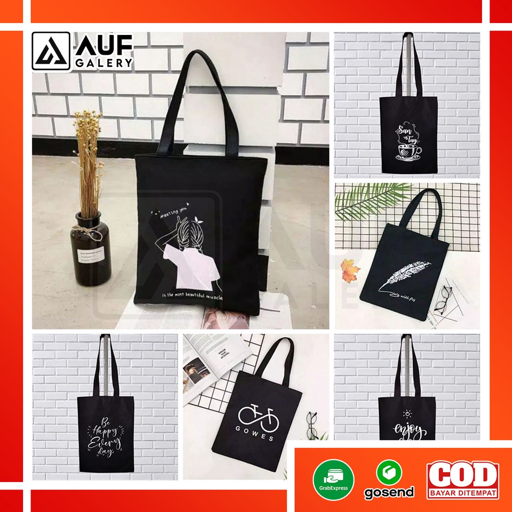 Totebag Kanvas Remaja Wanita Pria Warna Hitam Aesteticn | Totebag Korea Style | Tas Sekolah | Toteba
