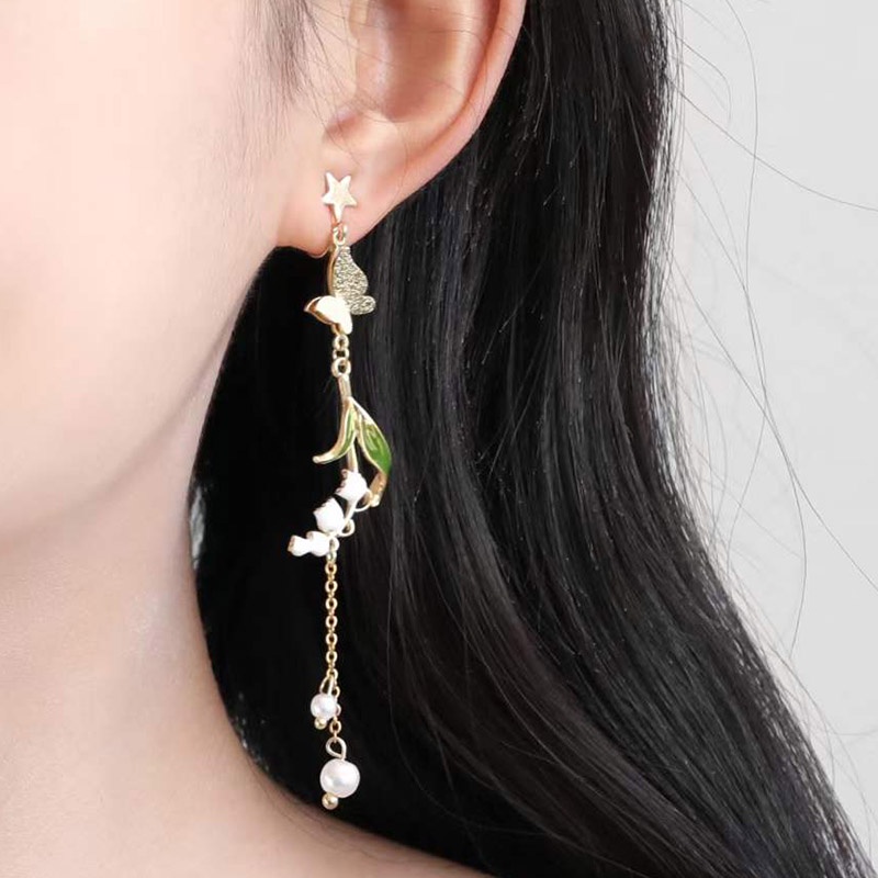 Anting Gantung Panjang Model Kupukupu Bahan Silver 925 Dengan Rumbai Mutiara Untuk Wanita