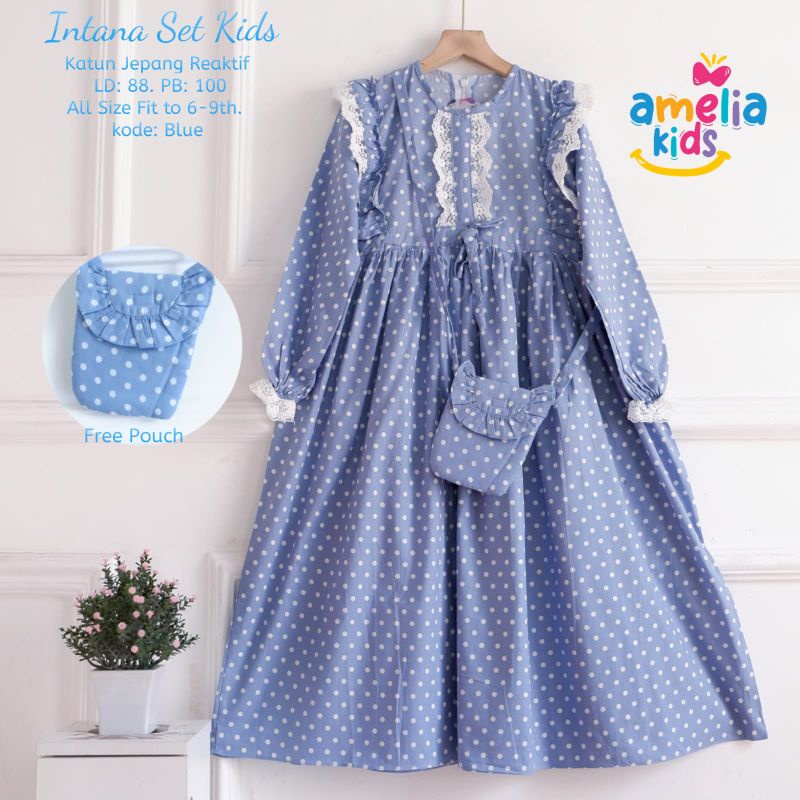 Gamis Syari Muslim Anak Umur 6 7 8 9 Tahun Bahan Katun Jepang Ori Amelia Kids Free Pouch Intana Set 