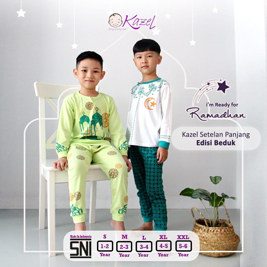 2PCS Kazel Setelan Piyama / Pendek Anak 1-6 Tahun Ketupat Beduk Pakaian Raya Lebaran Muslim Anak CBKS