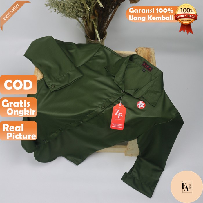 Baju Atasan Kemeja Kameja Blouse Basic Hijau Army Polos Wanita Cewek Lengan Panjang Wanita Kekinian