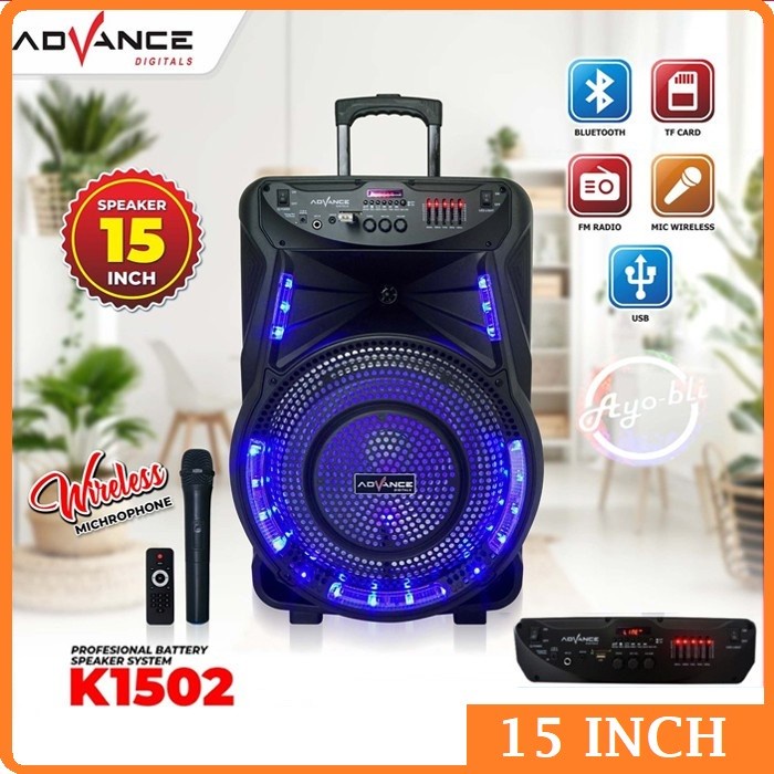 Speaker meeting portable Bluetooth Advance K 1502 15 inch free mic wireles suara super bass