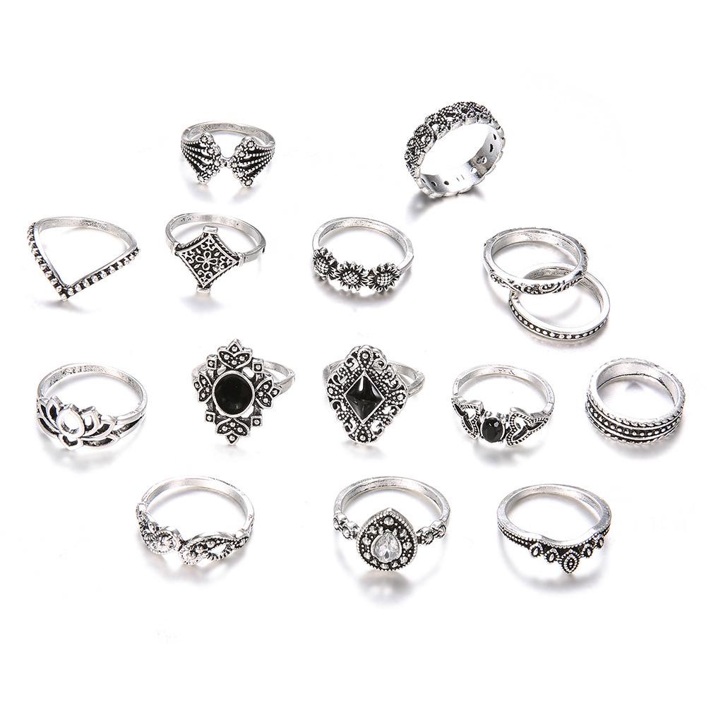 Lily 15PCS/Set Cincin Set Fashion Bintang Vintage Perak Aksesoris Tangan