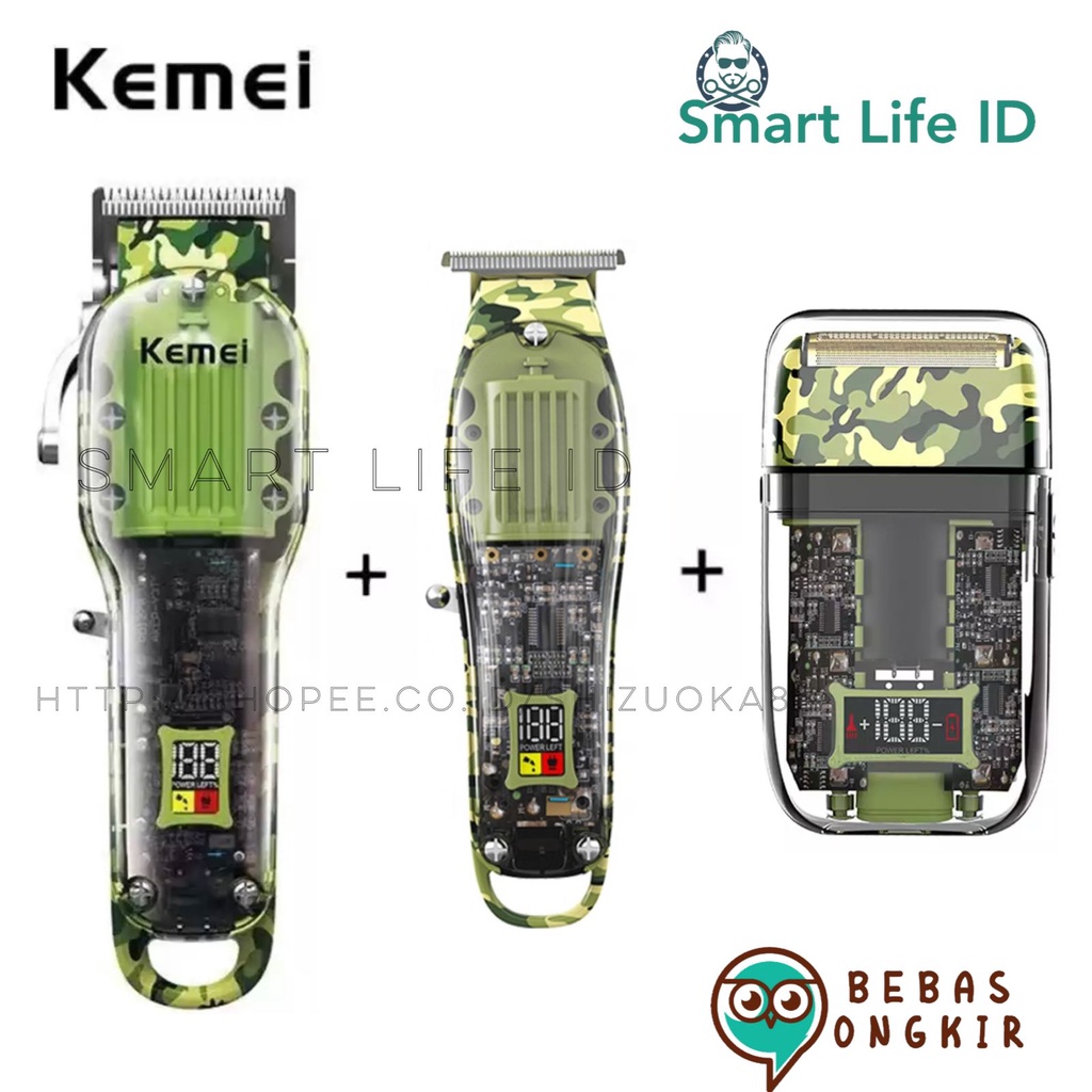 Alat Cukur Rambut Professional Hair Clipper Kemei Transparant Army LCD Digital KM 1926 KM 1928 KM TX7 Mesin Cukuran Full SET