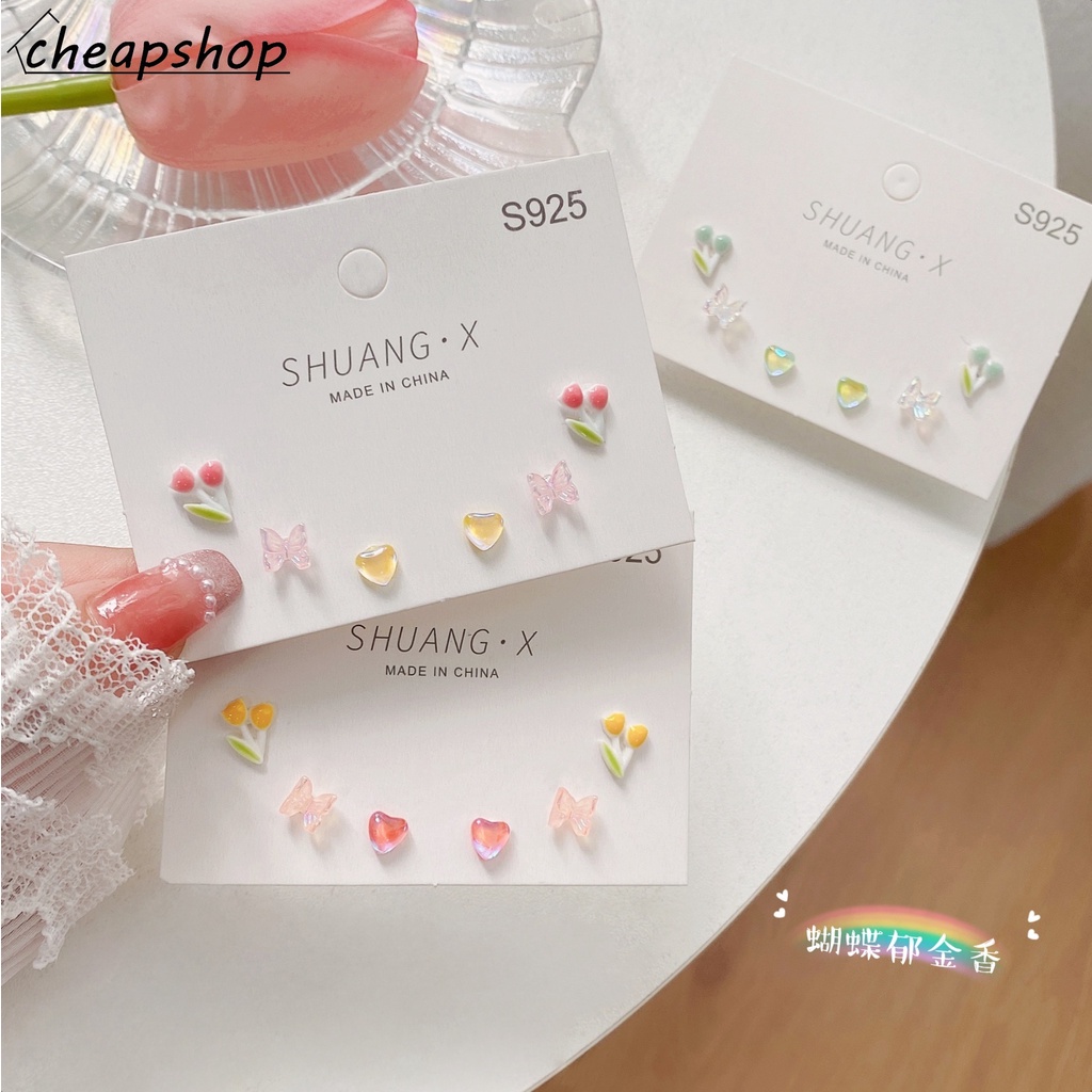IFYOU 3pcs / set Anting Stud Desain Tulip Kupu-Kupu Hati Gaya Vintage Korea Untuk Wanita
