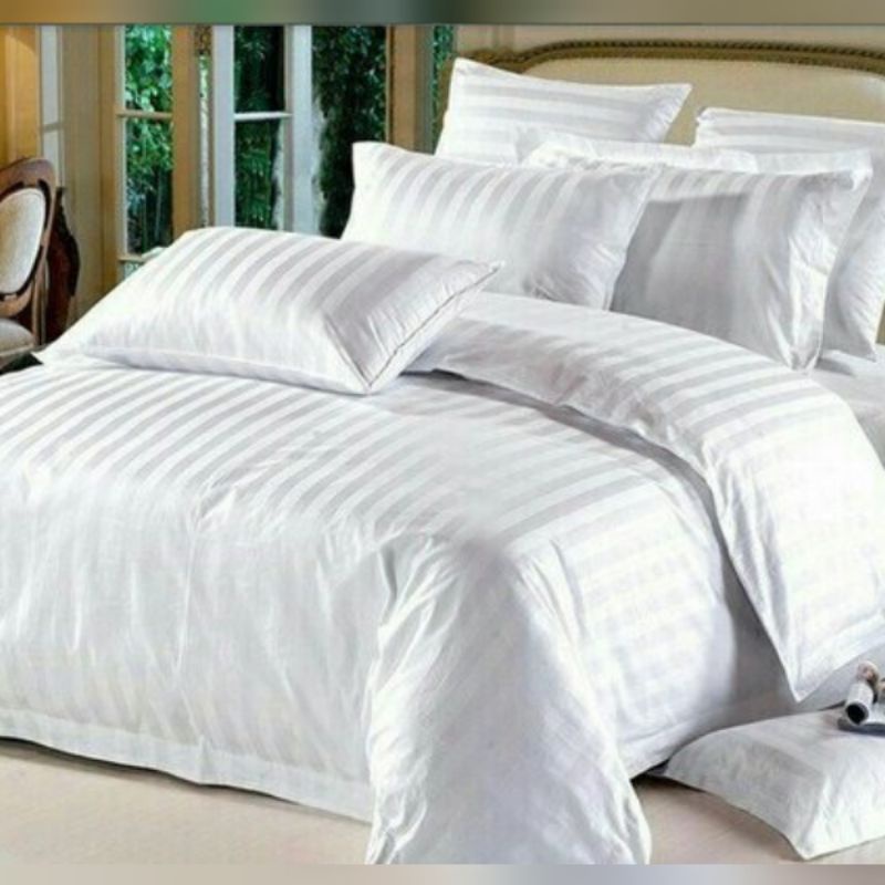 Sprei Motif Salur Putih | Sprei Garis Putih | Sprei Hotel | Katun Cvc Premium Asli | Ukuran 200x200 