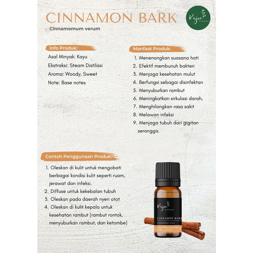 KAJOE Cinnamon Bark Essential Oil Minyak Kayu Manis Atsiri Aromaterapi Aromatheraphy Diffuser