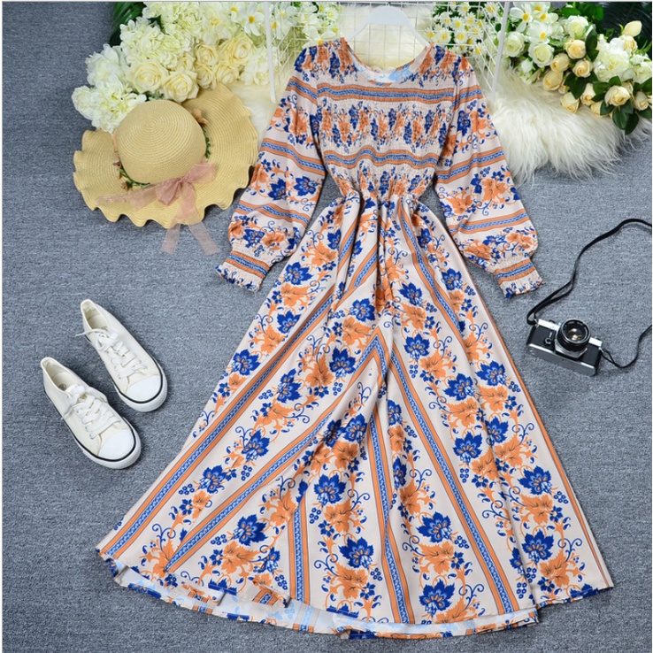 TASHAPPY BS011 Baju Dress Apricot Wanita Motif Flower Elegant Terbaru model korea supplier baju import