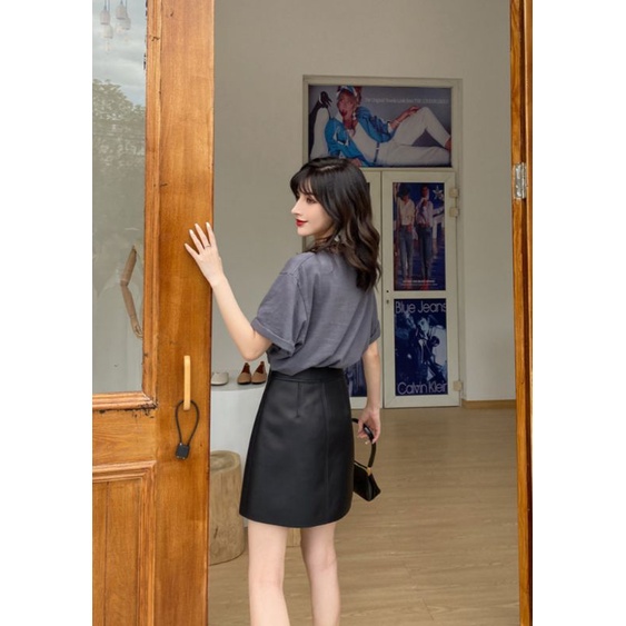 Rok Kulit Sintetis Premium Leather Mini Skirt Wanita High Waist Casual Elegan Model Wrap Body Aksen Kancing Pinggang