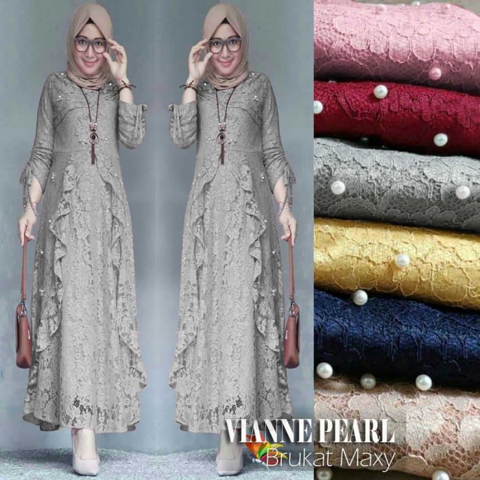 dress GAMIS PESTA BROKAT TERBARU VIANE SILVER / ABU GAMIS WANITA TERBARU mewah kekinian wanita musli