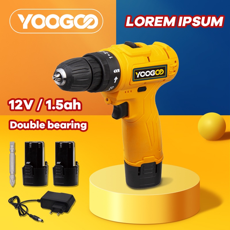 12V Mesin Bor Baterai Bor Cordless Drill Bor Listrik 1.5Ah 2 Battery with Charger