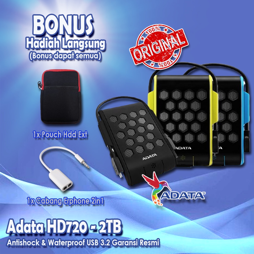 Adata HD720 2TB Antishock &amp; Waterproof USB 3.2 Garansi Resmi ORIGINAL