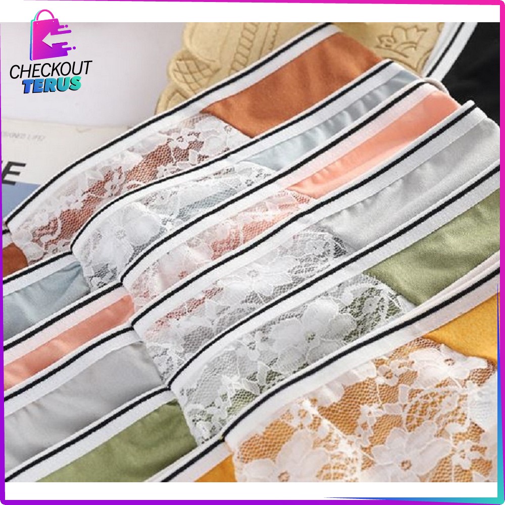 CT P129 Celana Dalam Wanita Dewasa List Garis Renda Bunga Kolor Undies Wanita Import Motif Polos