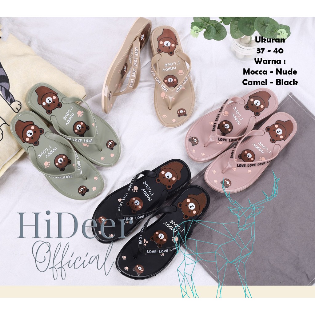Hideer Sandal Jepit Jelly Blc Karet Balance Motif Beruang Lucu Teddy Bear Line Brown 1069-X5
