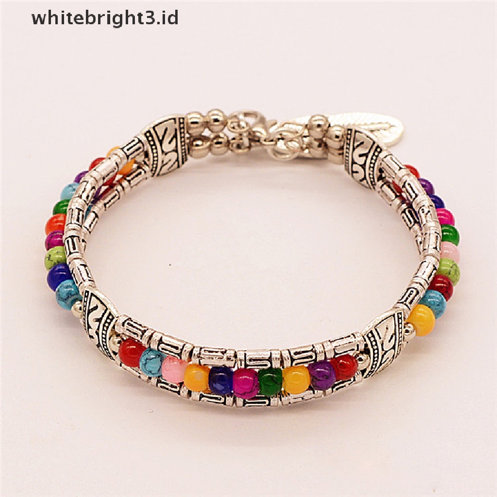 (whitebright3.id) Gelang Tangan Silver Wanita Desain Bulu Hias Turquoise Gaya Tibet / Gipsi / Vintage / Bohemia