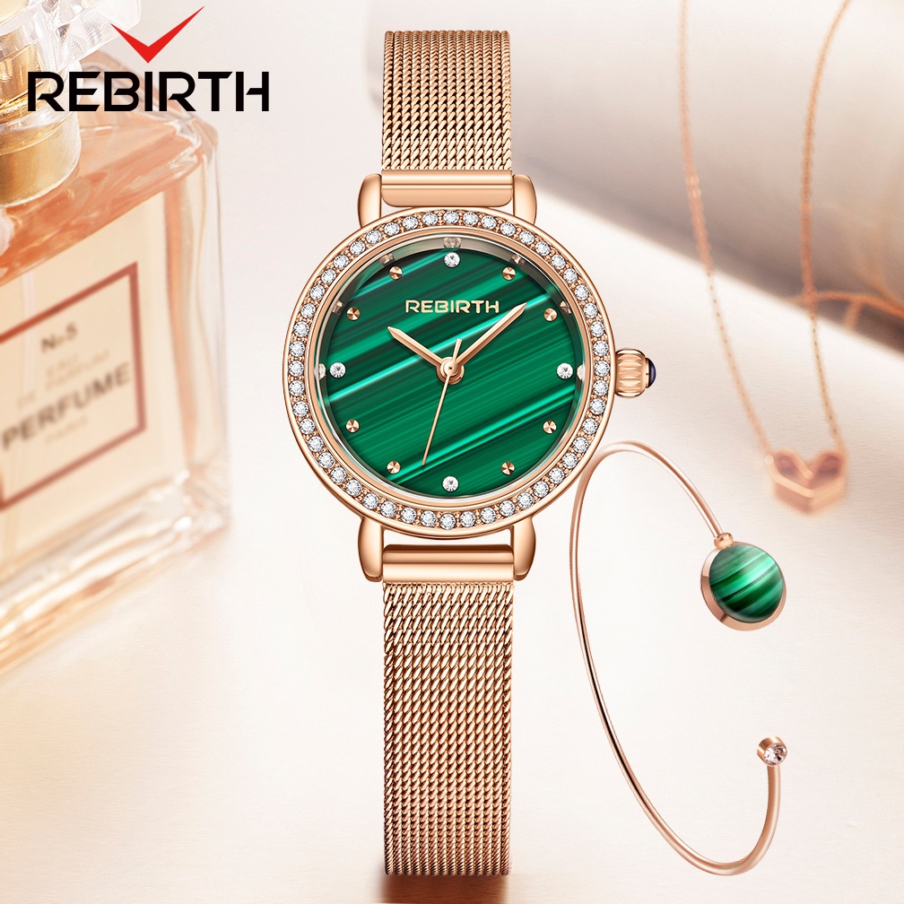 REBIRTH Jam Tangan Wainita Retro Green Dial Tahan Air Kuarsa Tali Kulit Jam Tangan Cewek