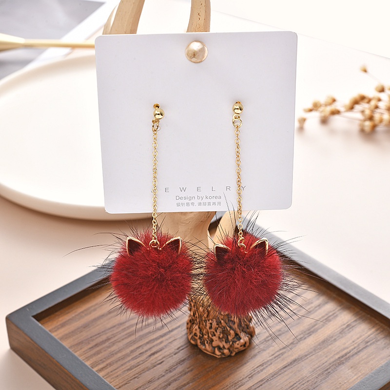 anting panjang anting bola rambut telinga kucing Korea Fashion Aksesoris