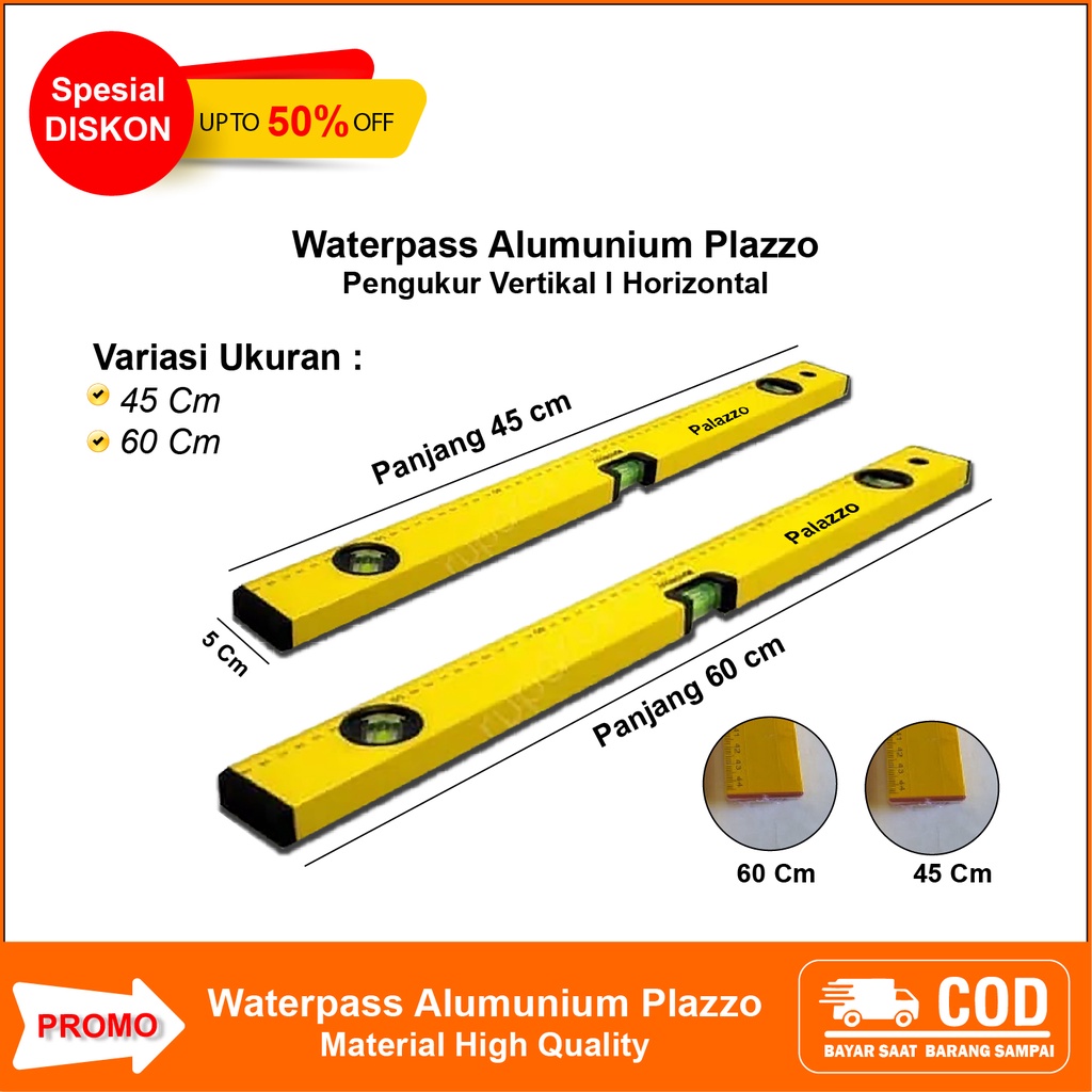 

Waterpas Alumunium Panjang 45 & 60 cm PALAZZO Alat pengukur Kemiringan Derajat Vertikal Horizontal