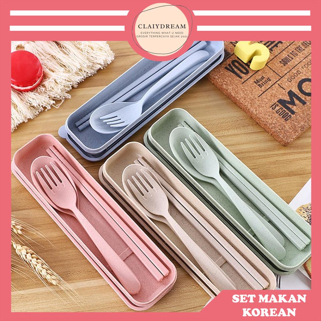 Alat Makan Sendok Sumpit Garpu Alat Makan Box Korea Travelling Set 3IN1 Bahan Plastik CLAIYDREAM-1