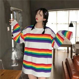 T Shirt Rainbow AA02 Long Sleeve Kaos  Pelangi  Korean Style 