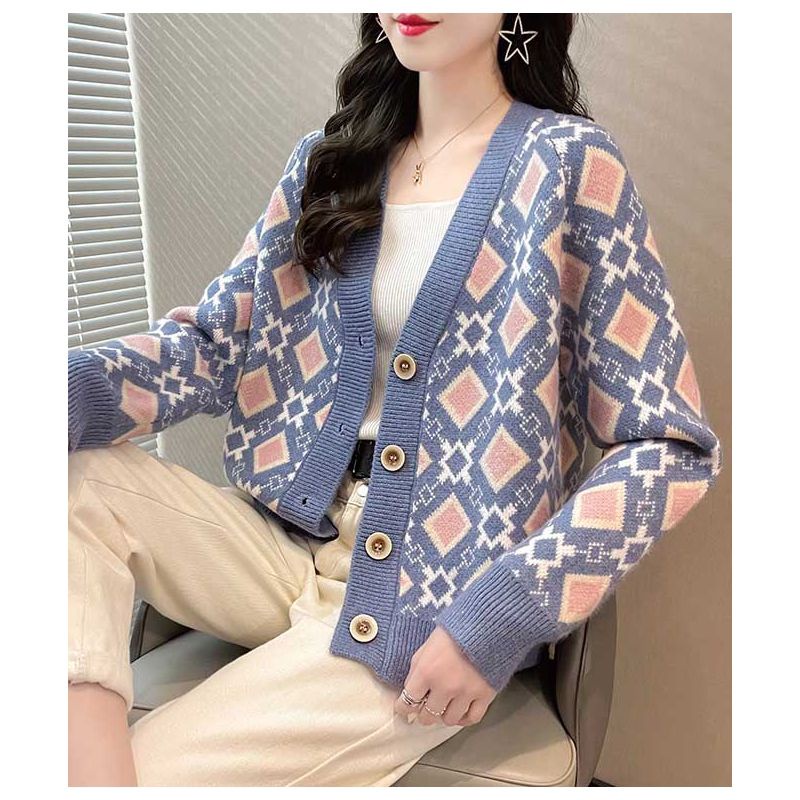 Cardigan rajut wanita ungu muda motif gambar cantik  Korea model kancing besar lengan panjang elegan