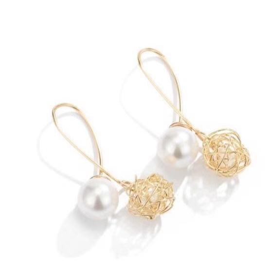 Anting Mutiara Ala Korea Hiasan Kristal/Woman Fashion Sweet U-Shaped Pearl Dangle Drop Anting Hooks