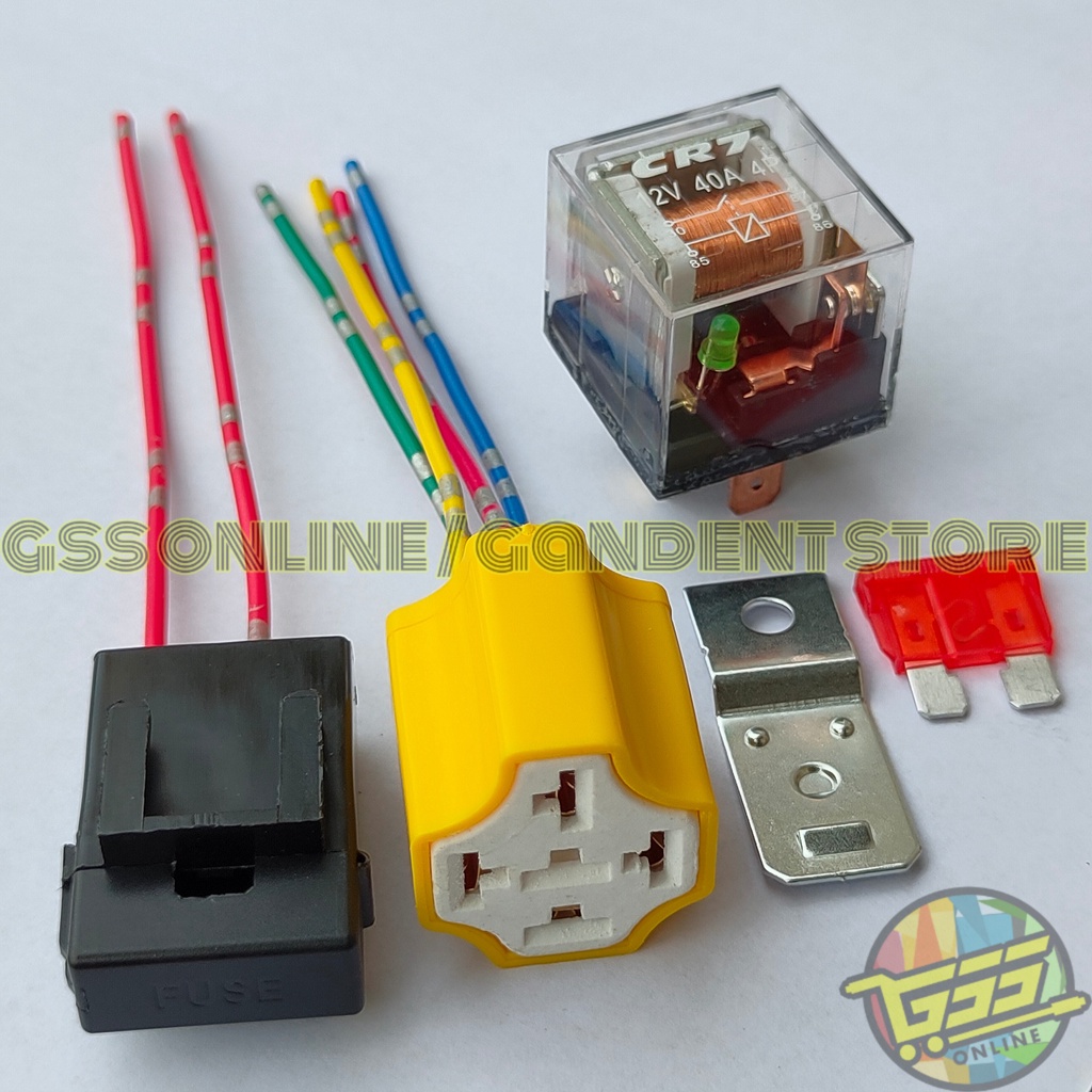 Paket lengkap Relay CR7 SHINAGAWA original 12v 30a 80a kaki 4 socket relay KERAMIK kaki 4 dan rumah sekring kabel kecil