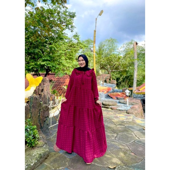 Gamis Jumbo long Dress Gamis Lebaran Idul fitri Gamis rubiah Crincle kerah korea Gamis rubiah Umpak-Maroon 2