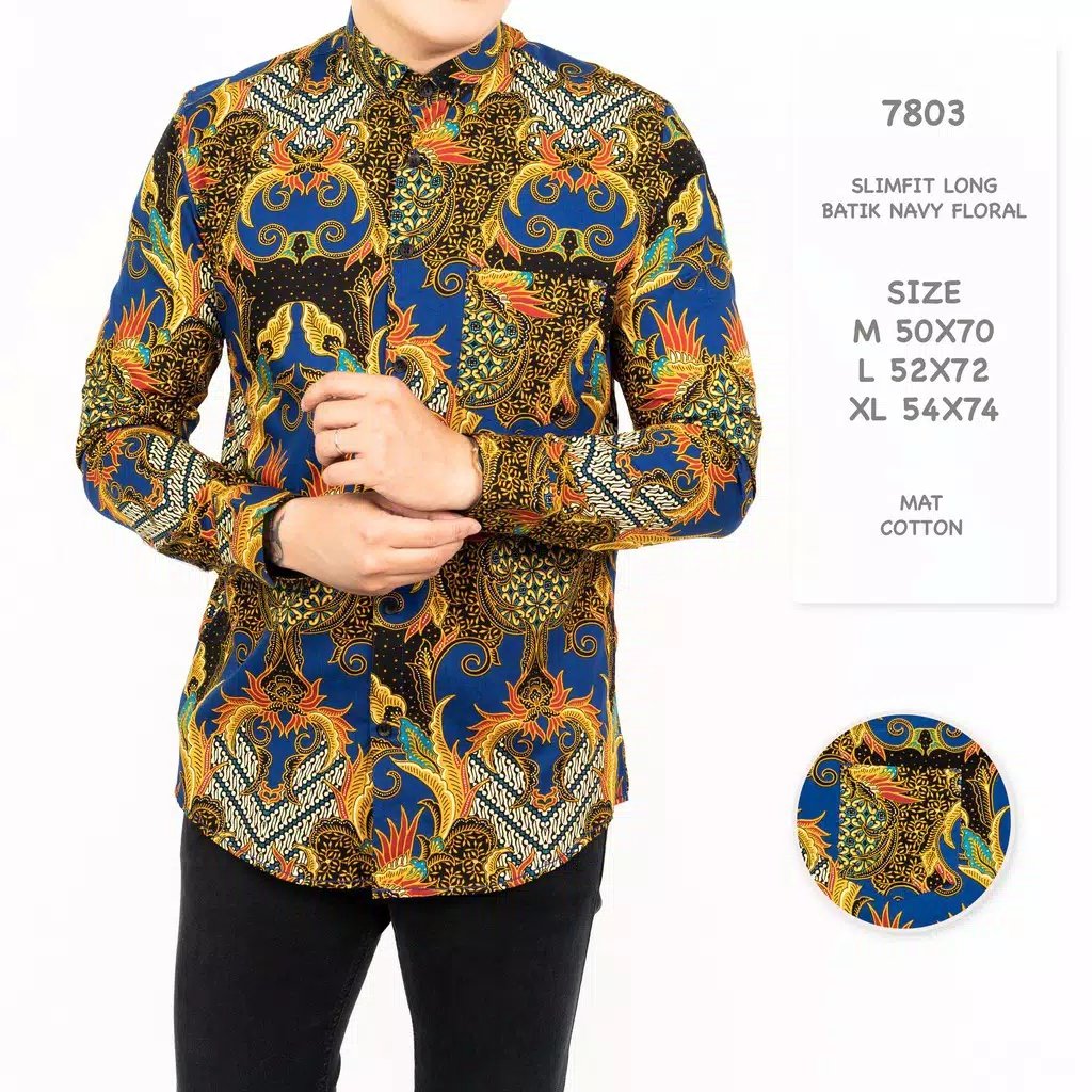 Freypv 7803 Slimfit Long Batik Navy Floral M-xl Kemeja Batik