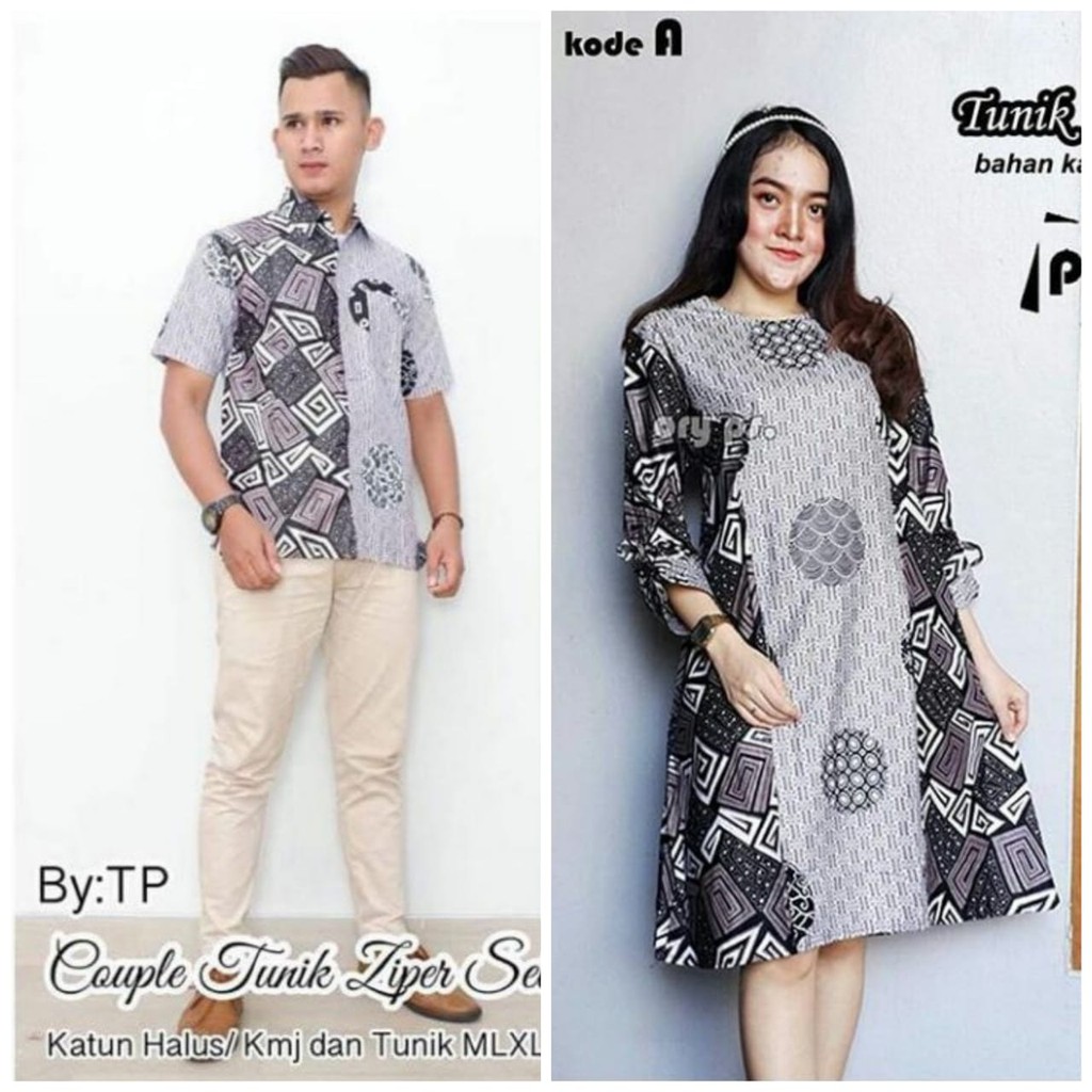 Kemeja Batik Couple Pria dan Wanita Batik Original Solo Tunik Monochrom Seling