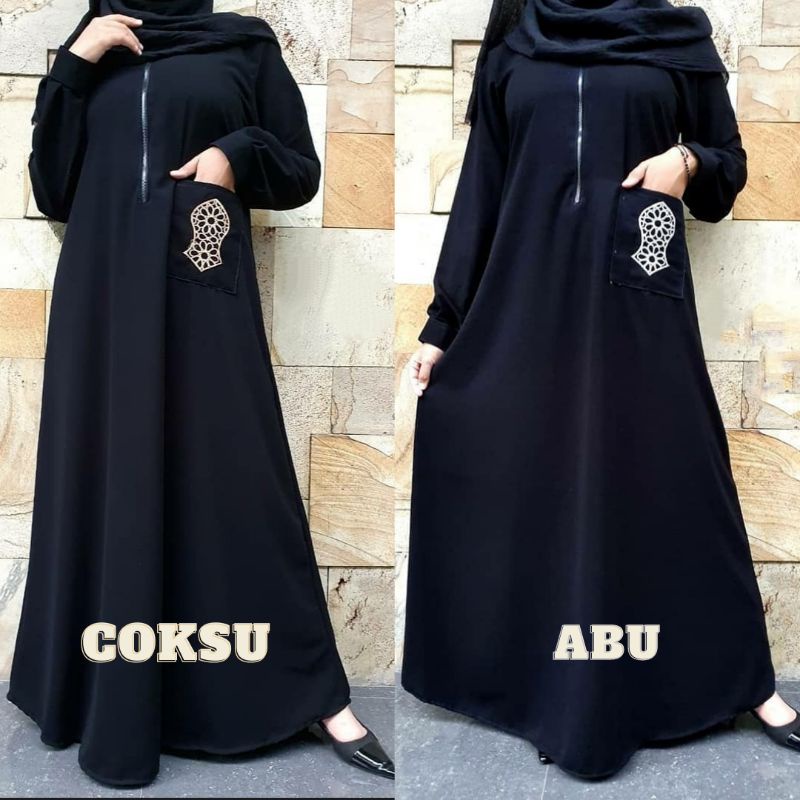 ABAYA DRESS JUBAH GAMIS HITAM TEROMPAH SAKU BUSUI
