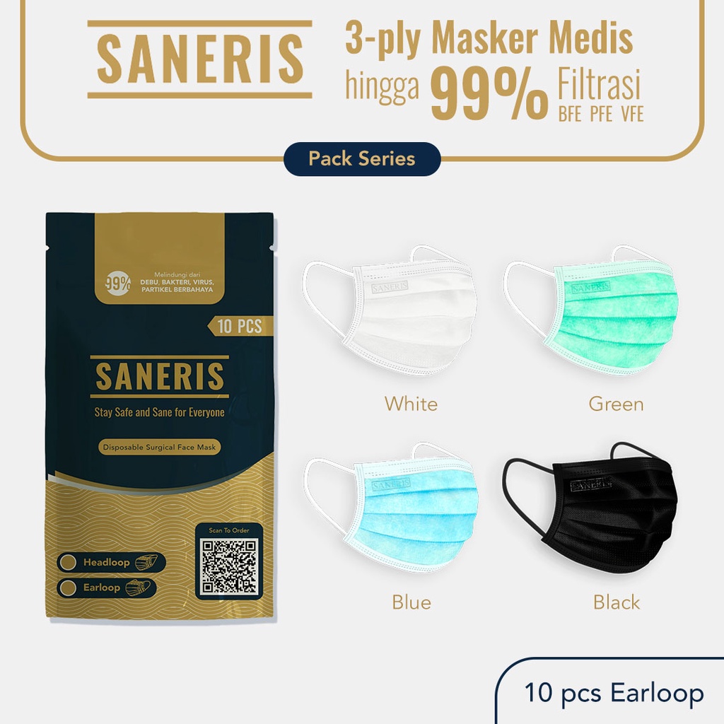 Saneris Masker Medis Pack 10pcs Earloop 3Ply