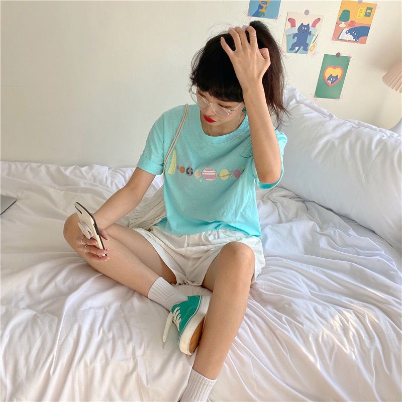 [littlecrab] Kaos Oversize Planet Besar Lucu Unik Tshirt Bordir Berkualitas Tata Surya Imut Simple Elegan 8 Planet Tata Surya Aesthetic Couple T-shirt Keren Korean Style