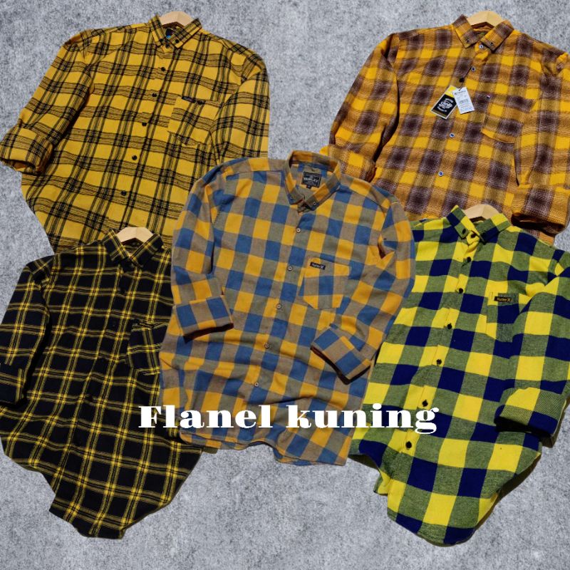 Flanel unisek pria dan wanita lengan panjang motif kotak dan garis warna kuning