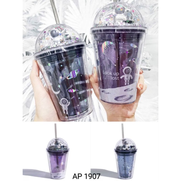 Tumbler Unicorn Gelas GLITTER Sedotan Bubble Rainbow Sparkle Blink Kristal Unik Double Wall Cup Glass Tempat Minum Hologram Design Gelas Lampu Unik Light Glass Bottle Straw Cup-Astronot
